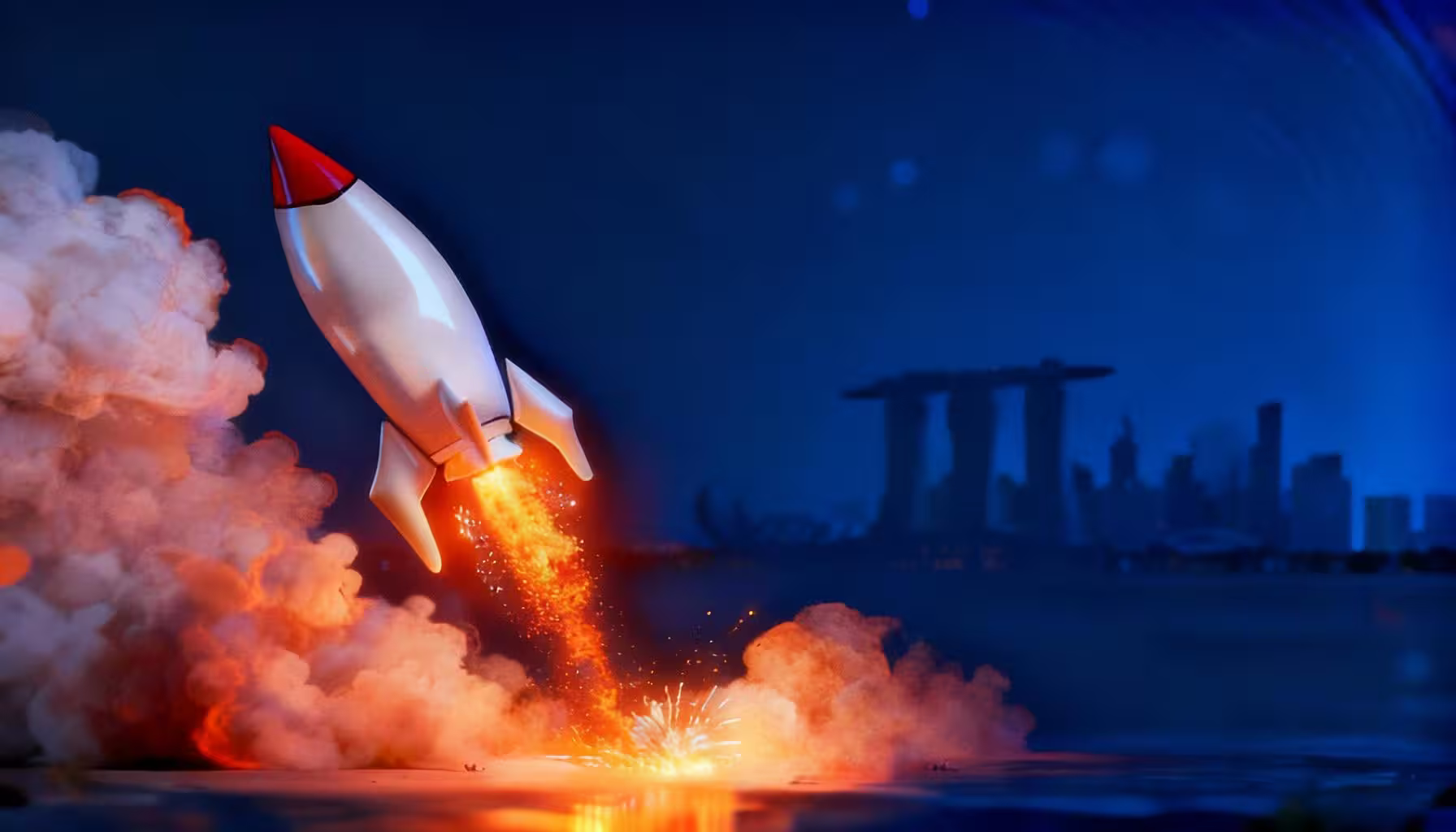 A rocket lifting off against the night skyline of Singapore